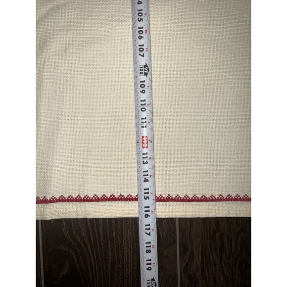 Vintage Christmas Tablecloth Nordic Red Cross Stitch 116x65” Cream Holiday Folk - Picture 12 of 16